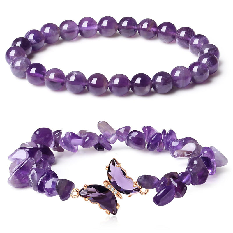 Natural Amethyst Bracelet For Women Anxiety Healing Stone Amethyst Beaded Bracelets Butterfly Charms Layered Bracelet Gifts For Women Girl