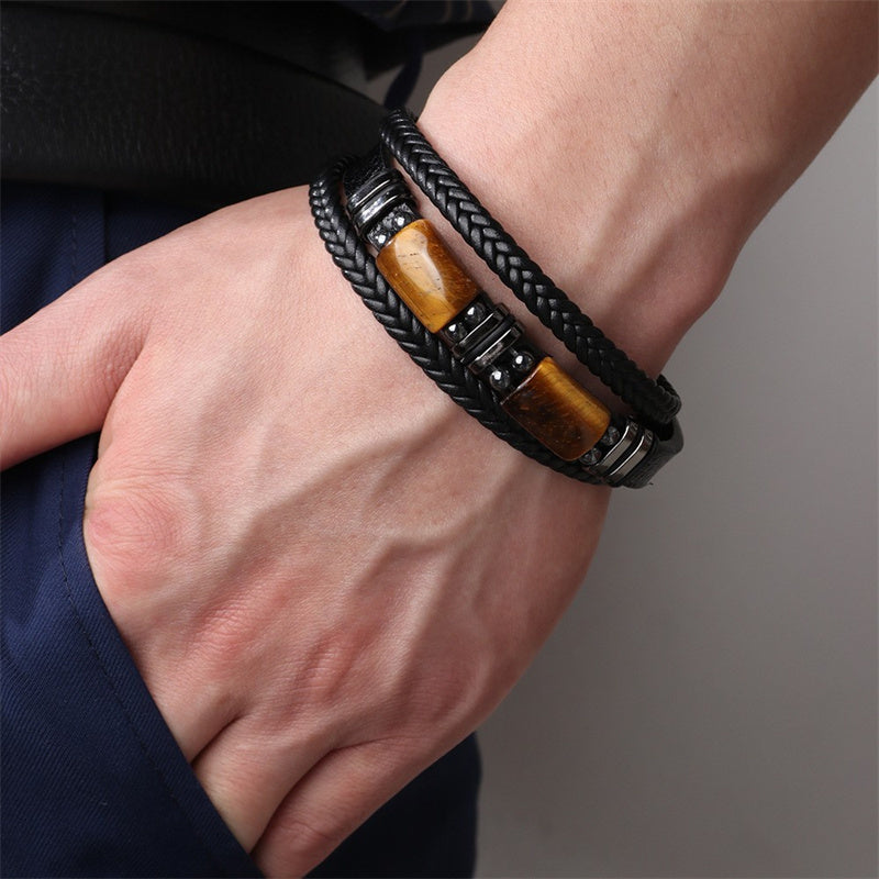 Natural Tiger Eye Black Leather Bracelet Men Tiger Eye Gemstone Crystal Stone Jewelry Handmade Courage And Stress Relief Protection Bracelet crystal wholesale