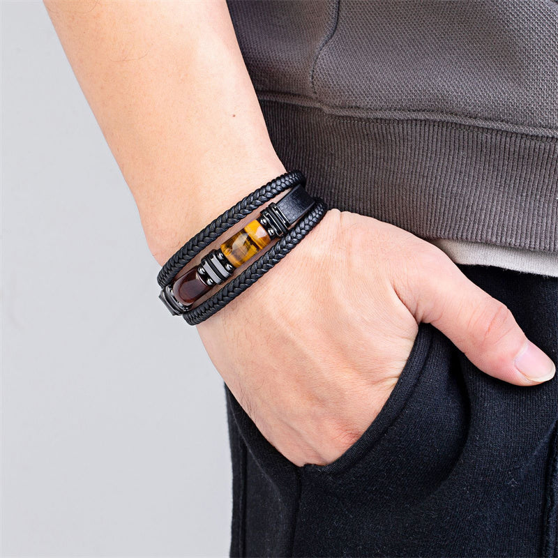 Natural Tiger Eye Black Leather Bracelet Men Tiger Eye Gemstone Crystal Stone Jewelry Handmade Courage And Stress Relief Protection Bracelet crystal wholesale