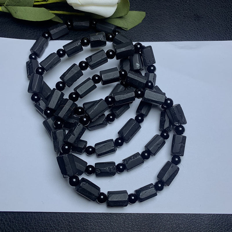 Black Tourmaline Natural Raw Stone barrel Beads Bracelet Super Protection Handmade Yoga Stretch Elastic Bracelet Natural Stone Crystal Healing Power Energy Gifts for Unisex Adult uk crystalshop online natural crystal