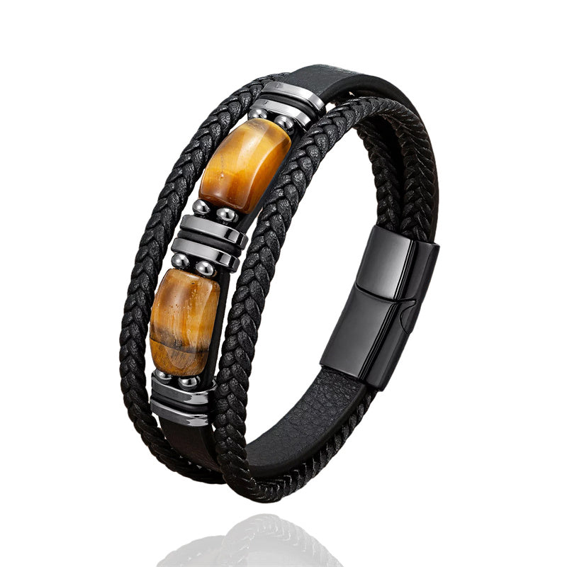 Natural Tiger Eye Black Leather Bracelet Men Tiger Eye Gemstone Crystal Stone Jewelry Handmade Courage And Stress Relief Protection Bracelet crystal wholesale
