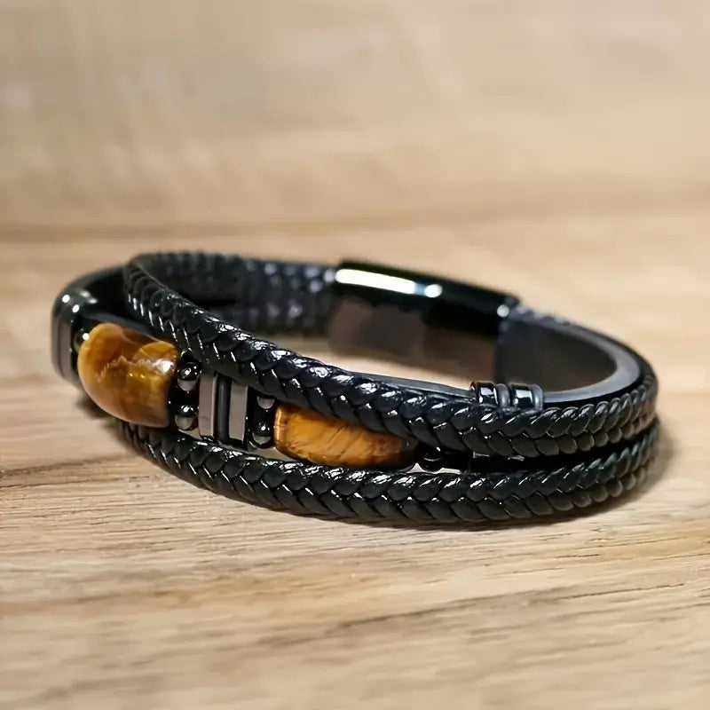 Natural Tiger Eye Black Leather Bracelet Men Tiger Eye Gemstone Crystal Stone Jewelry Handmade Courage And Stress Relief Protection Bracelet crystal wholesale
