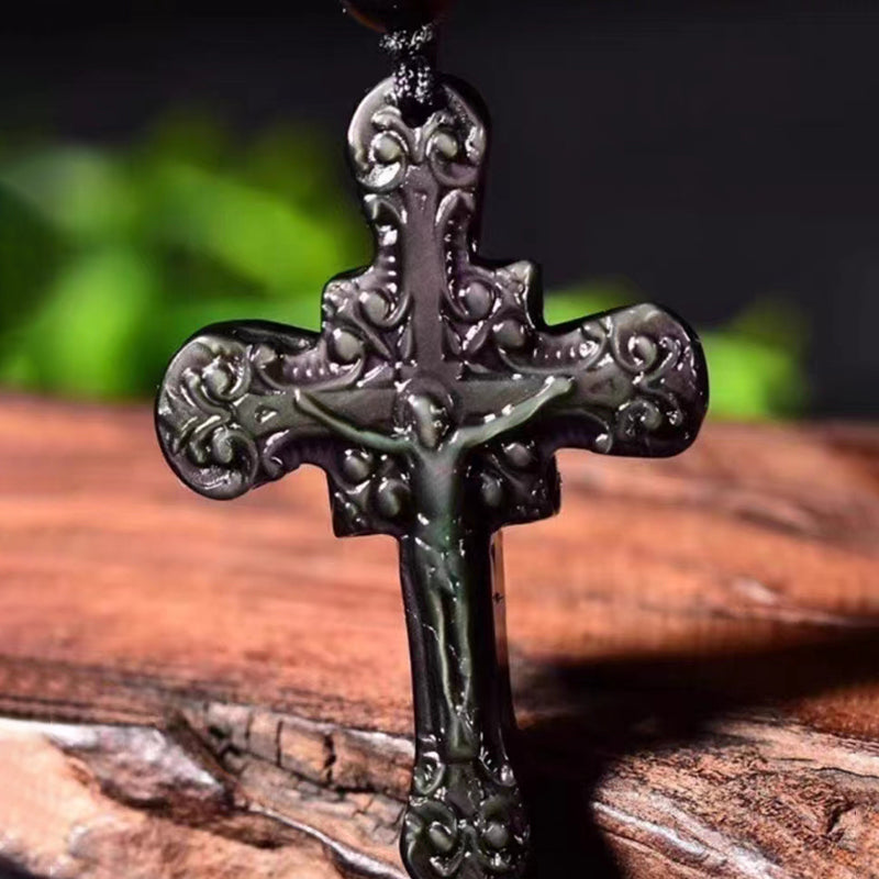【Natural gemstone】 obsidian cross necklace for men and women couples Hipster pendant accessory for couples Christmas gift