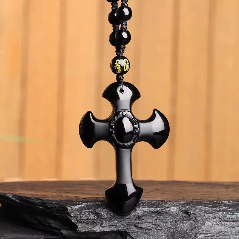 【Natural gemstone】 obsidian cross necklace for men and women couples Hipster pendant accessory for couples Christmas gift