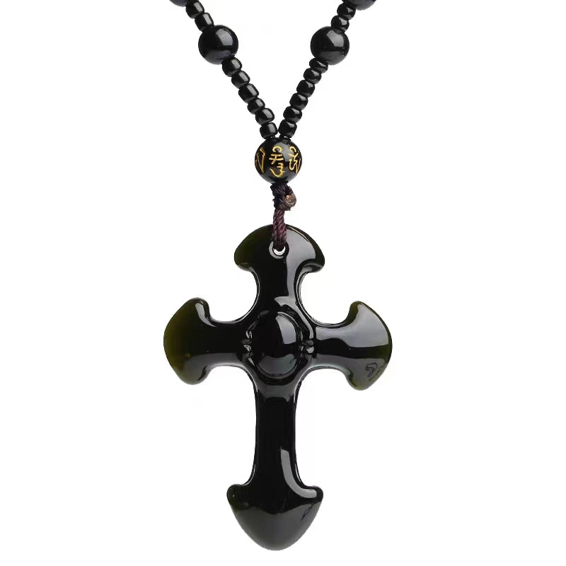 【Natural gemstone】 obsidian cross necklace for men and women couples Hipster pendant accessory for couples Christmas gift
