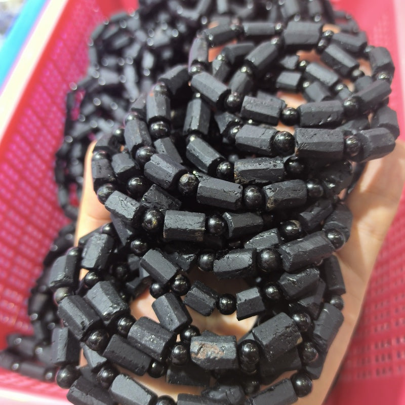 Black Tourmaline Natural Raw Stone barrel Beads Bracelet Super Protection Handmade Yoga Stretch Elastic Bracelet Natural Stone Crystal Healing Power Energy Gifts for Unisex Adult uk crystalshop online natural crystal