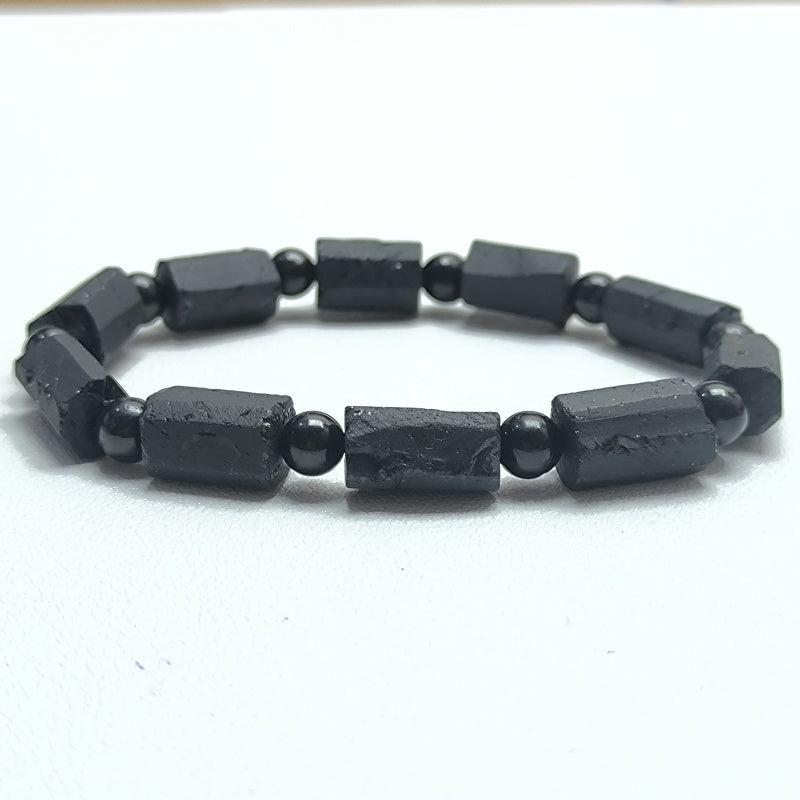 Black Tourmaline Natural Raw Stone barrel Beads Bracelet Super Protection Handmade Yoga Stretch Elastic Bracelet Natural Stone Crystal Healing Power Energy Gifts for Unisex Adult uk crystalshop online natural crystal