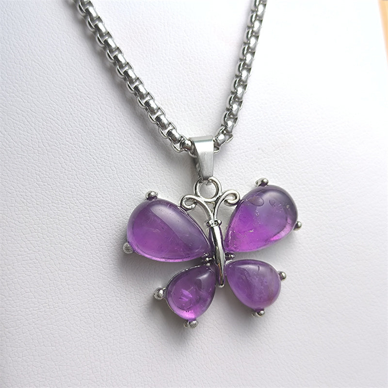 Amethyst Necklace Butterfly Pendant Tiger Eye Lapis crystal healing energy Natural Crystal Necklace Stainless silver Bohemian Chain Insect Animal Necklace for Women Friend Friendship Party Jewelry Gift crystal wholesale