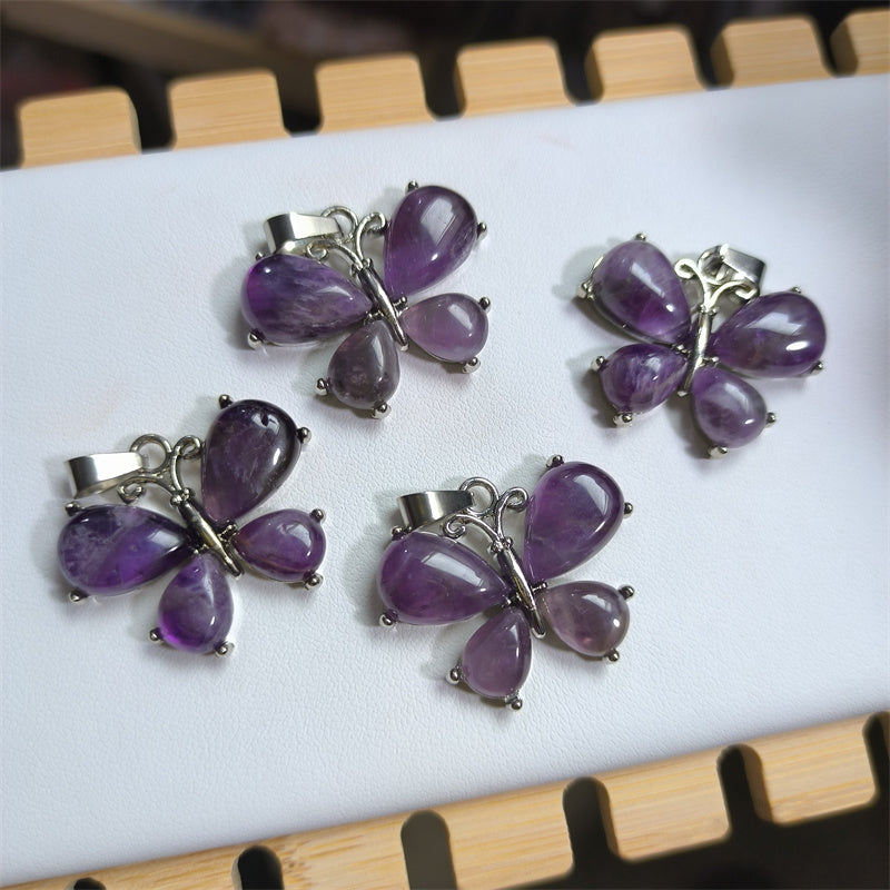 Amethyst Necklace Butterfly Pendant Tiger Eye Lapis crystal healing energy Natural Crystal Necklace Stainless silver Bohemian Chain Insect Animal Necklace for Women Friend Friendship Party Jewelry Gift crystal wholesale