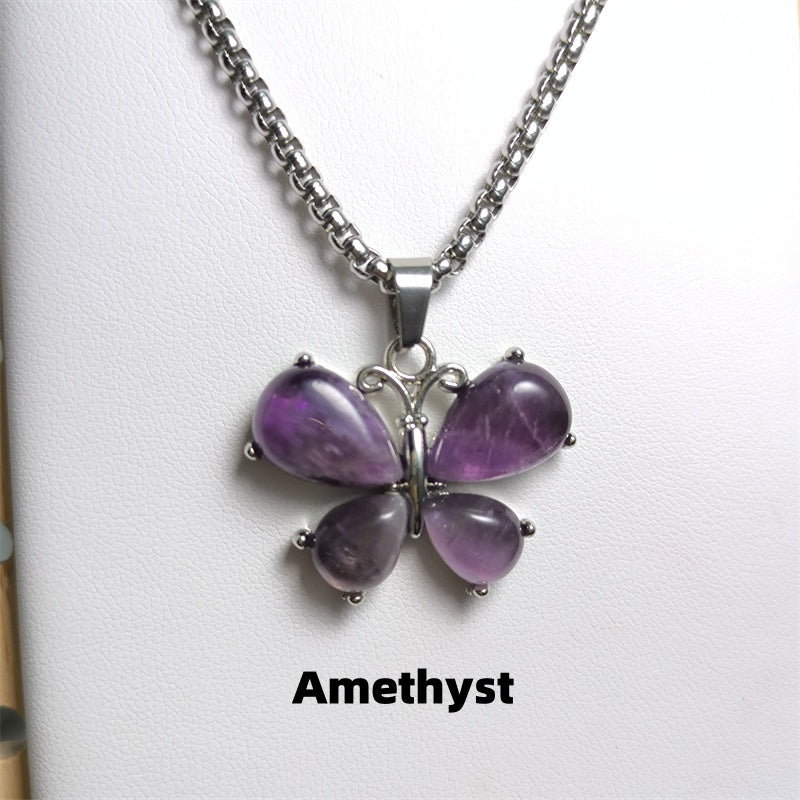 Amethyst Necklace Butterfly Pendant Tiger Eye Lapis crystal healing energy Natural Crystal Necklace Stainless silver Bohemian Chain Insect Animal Necklace for Women Friend Friendship Party Jewelry Gift crystal wholesale
