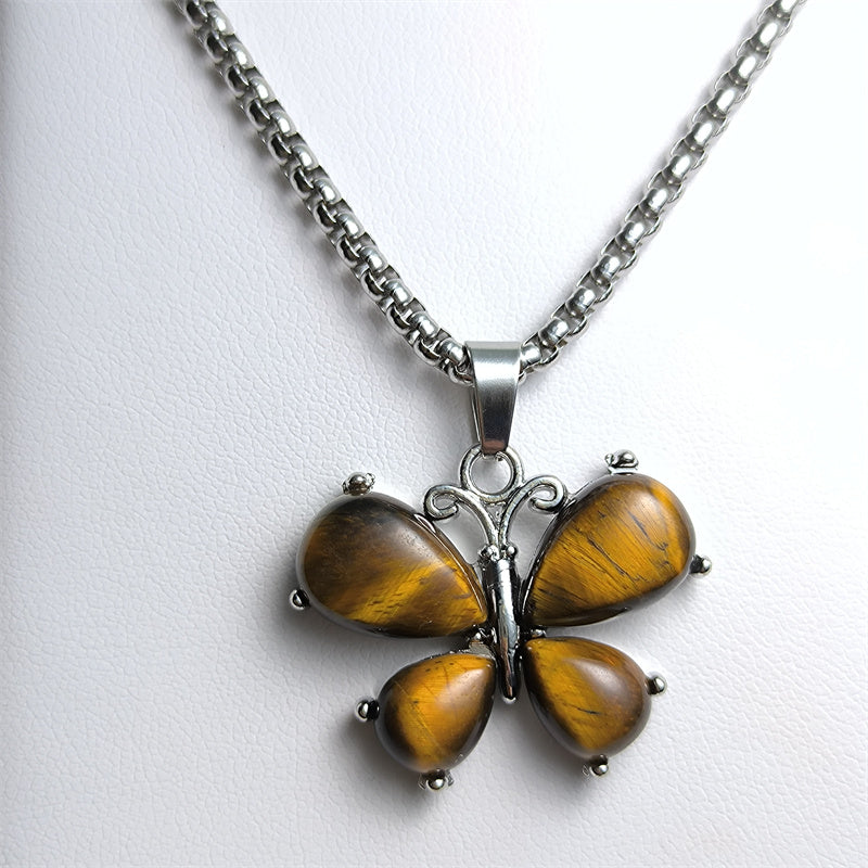 Amethyst Necklace Butterfly Pendant Tiger Eye Lapis crystal healing energy Natural Crystal Necklace Stainless silver Bohemian Chain Insect Animal Necklace for Women Friend Friendship Party Jewelry Gift crystal wholesale