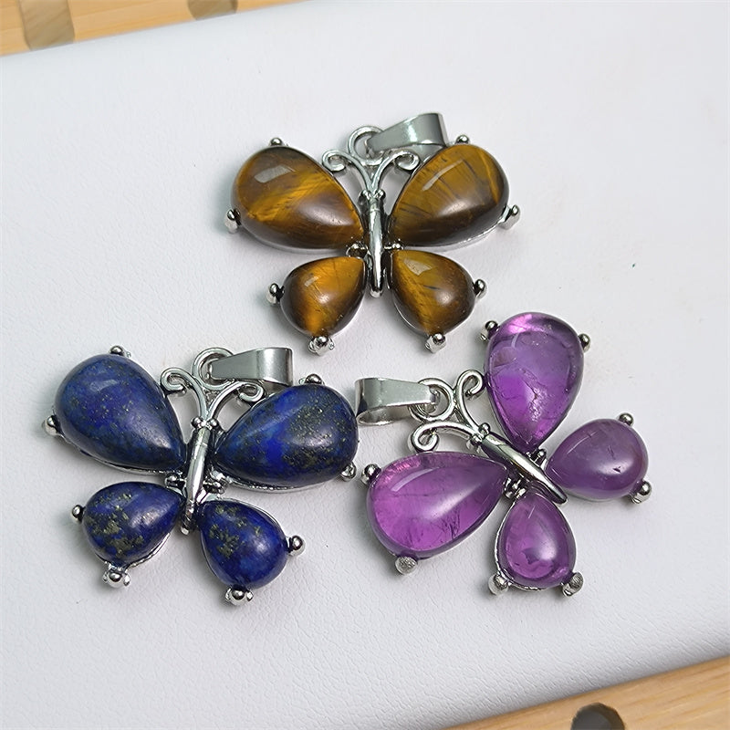 Amethyst Necklace Butterfly Pendant Tiger Eye Lapis crystal healing energy Natural Crystal Necklace Stainless silver Bohemian Chain Insect Animal Necklace for Women Friend Friendship Party Jewelry Gift crystal wholesale