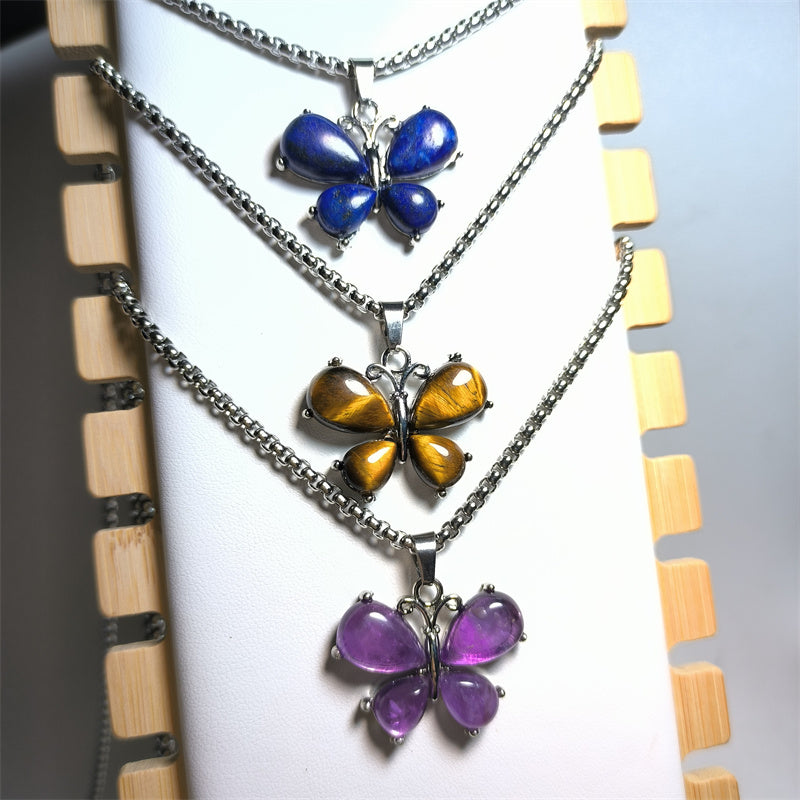 Amethyst Necklace Butterfly Pendant Tiger Eye Lapis crystal healing energy Natural Crystal Necklace Stainless silver Bohemian Chain Insect Animal Necklace for Women Friend Friendship Party Jewelry Gift crystal wholesale