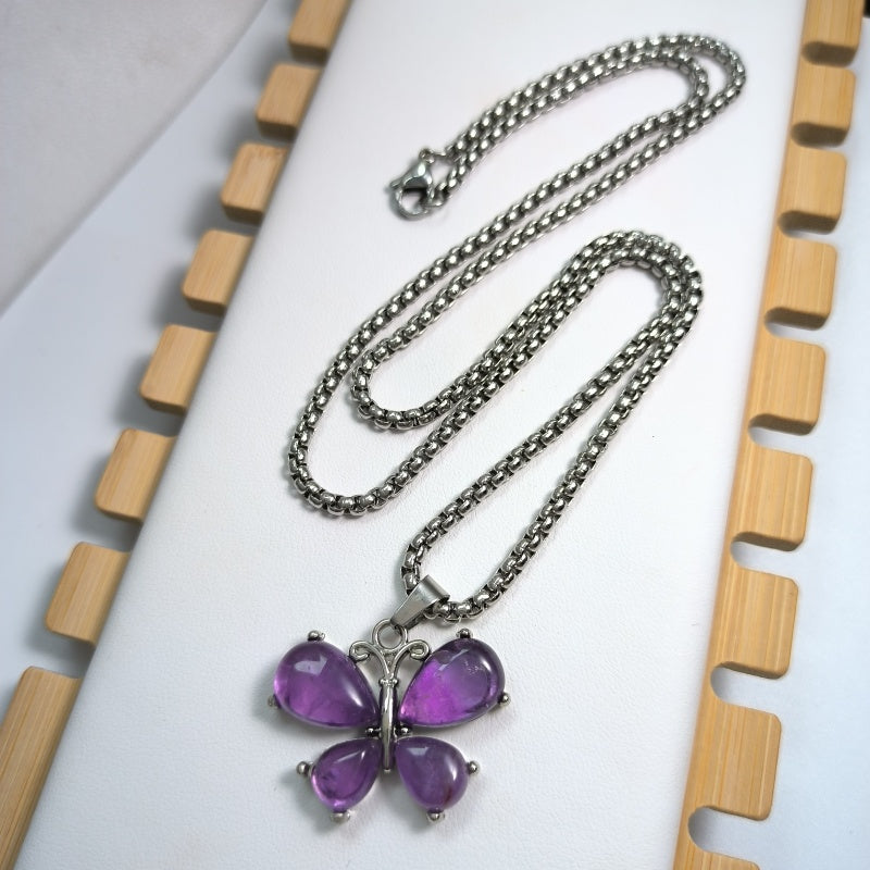 Amethyst Necklace Butterfly Pendant Tiger Eye Lapis crystal healing energy Natural Crystal Necklace Stainless silver Bohemian Chain Insect Animal Necklace for Women Friend Friendship Party Jewelry Gift crystal wholesale