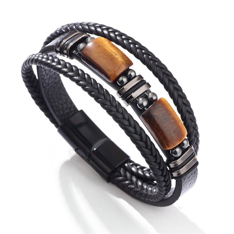 Natural Tiger Eye Black Leather Bracelet Men Tiger Eye Gemstone Crystal Stone Jewelry Handmade Courage And Stress Relief Protection Bracelet crystal wholesale